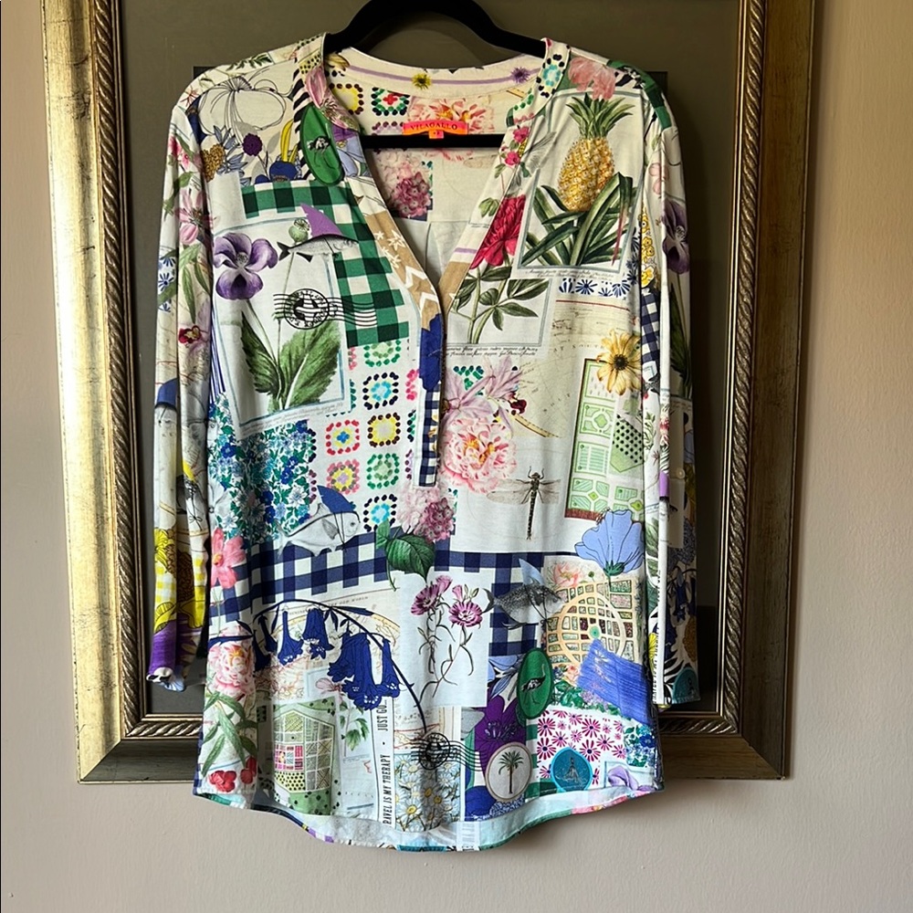 Vilagallo Multicolor Floral Patchwork Blouse Tuni… - image 1